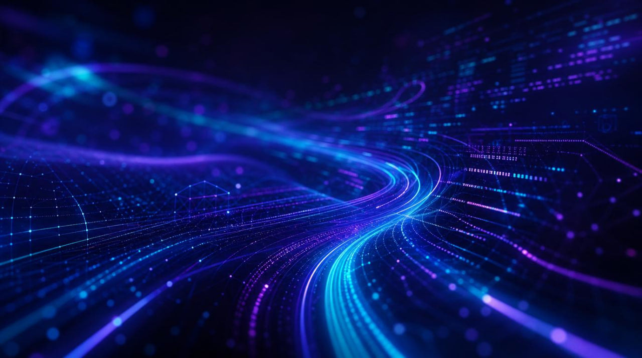 Abstract design with wavy blue, purple, and light blue lines on a dark background